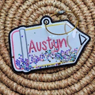 pencil glitter bag tag embroidery design